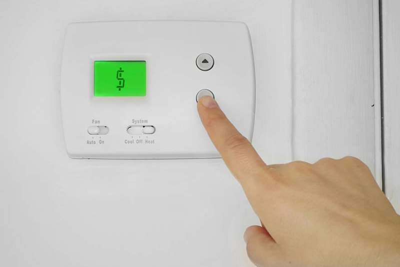 Person adjusting a wall thermostat with dollar sign symbol on the display. Reduce AC and Summer Energy Bill.