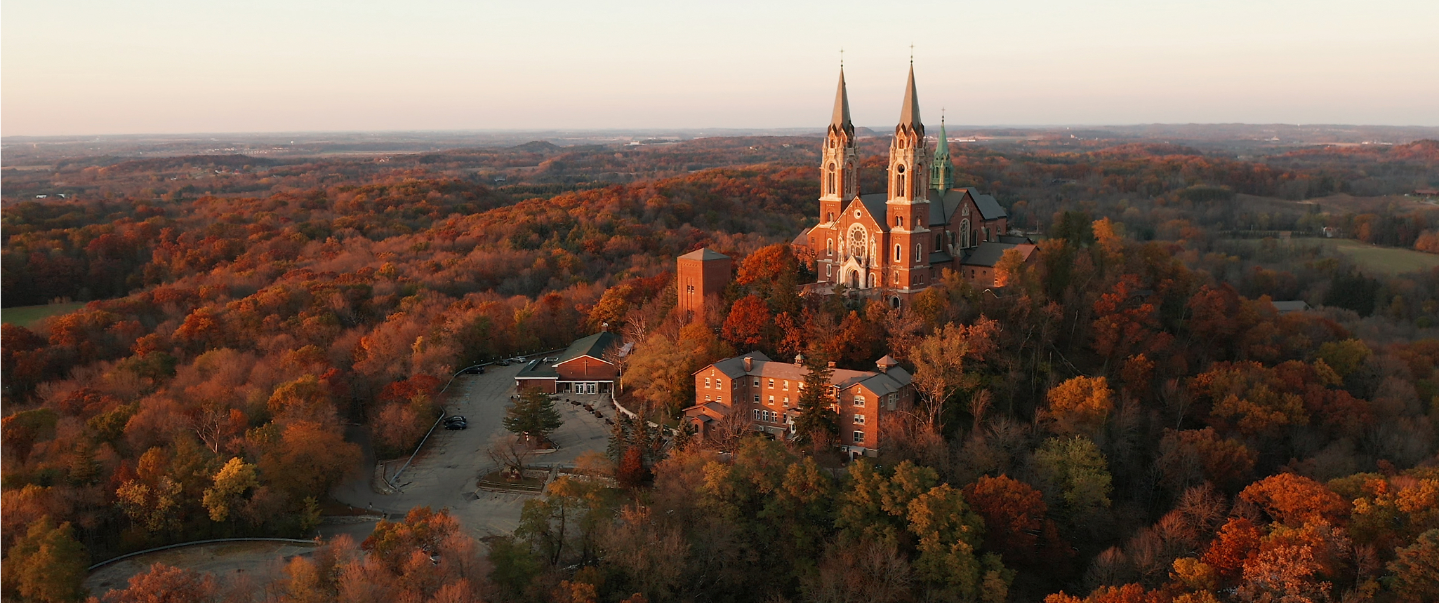 castle in a fall foliage setting. Aerial view.