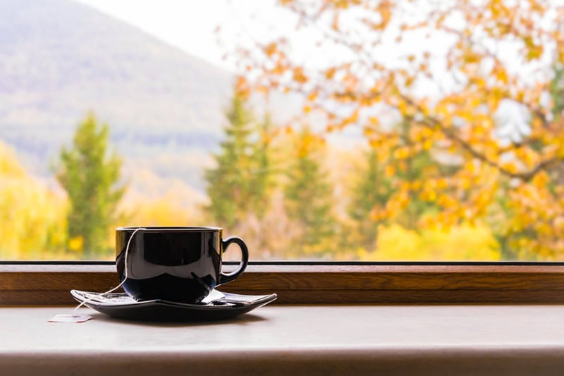 A mug of hot tea sitting on a wooden windowsill overlooking a scenic autumn landscape.