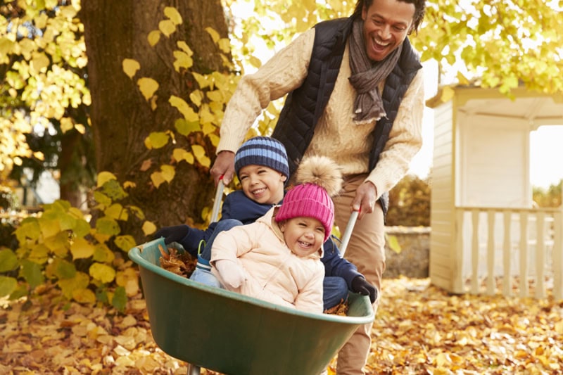 Fall HVAC Maintenance. Father In Autumn Garden Gives Children Ride In Wheelbarrow.