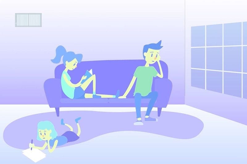 Video - Keep Clean Air During Your Time at Home. Image is an animation created in shades of purple and green. There is a woman on a couch reading a book and a man sitting next to her looking out a window. On the ground in front of them there is a small girl laying on her belling and drawing on a piece of paper.